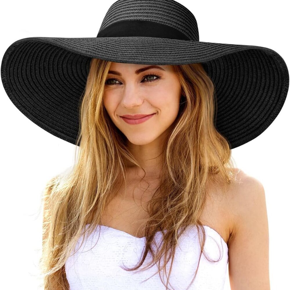 Sun Hats for Women Oversize Wide Brim Straw Beach Hat Floppy Foldable Roll-Up Su